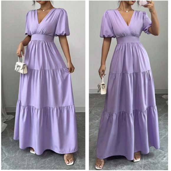 Boho V neck Puff Sleeve Stretchy Waist Ruffle Hem Maxi Dress - Picture 1 of 4
